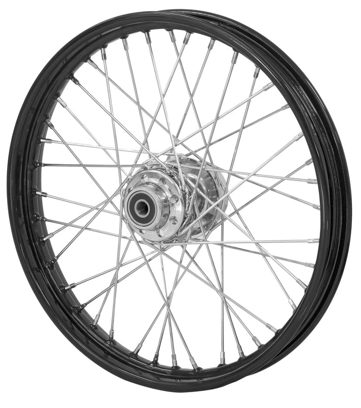 40 SPOKE 21' X 2.15 FRONT WHEEL BLACK RIM & HUB , CHROME SPOKES 3/4 BEARINGS