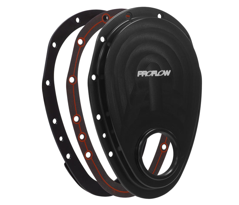 Proflow Timing Cover, 2-piece, Billet Aluminium, Black Anodised, SB For Chevrolet V8 Small Block, Kit
