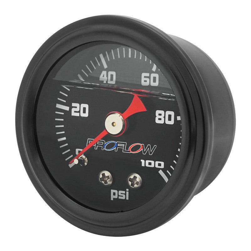 Proflow Fuel Pressure Gauge 0-100PSI, Stainless Steel, Black Body/Black Face Liquid Filled 40mm, Each