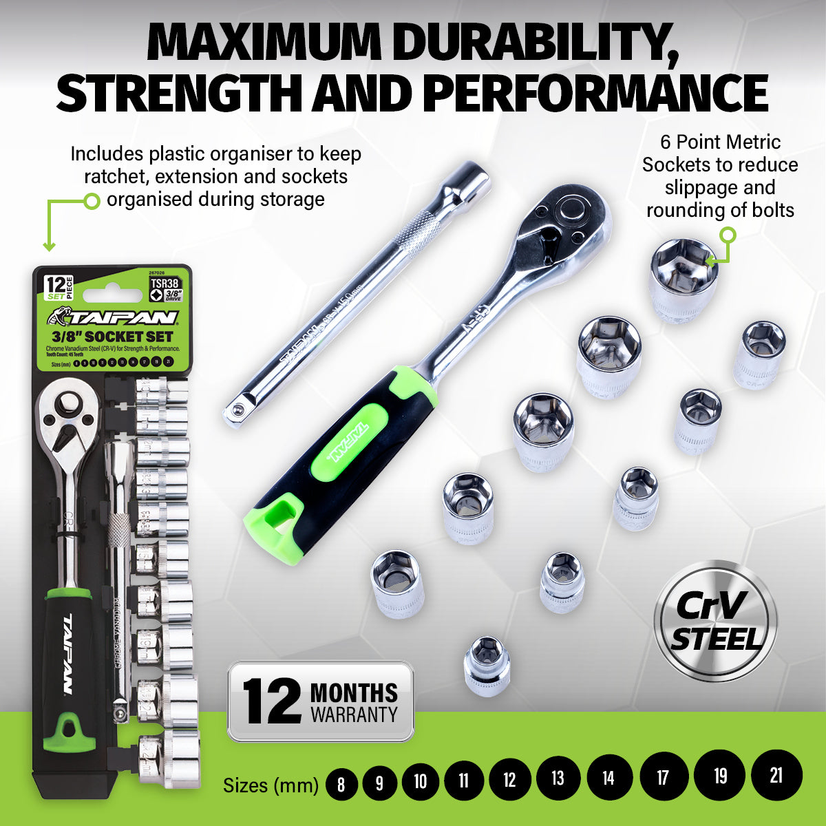 Taipan® 12PCE 3/8" Ratchet Socket Set Premium Quality Chrome Vanadium Steel