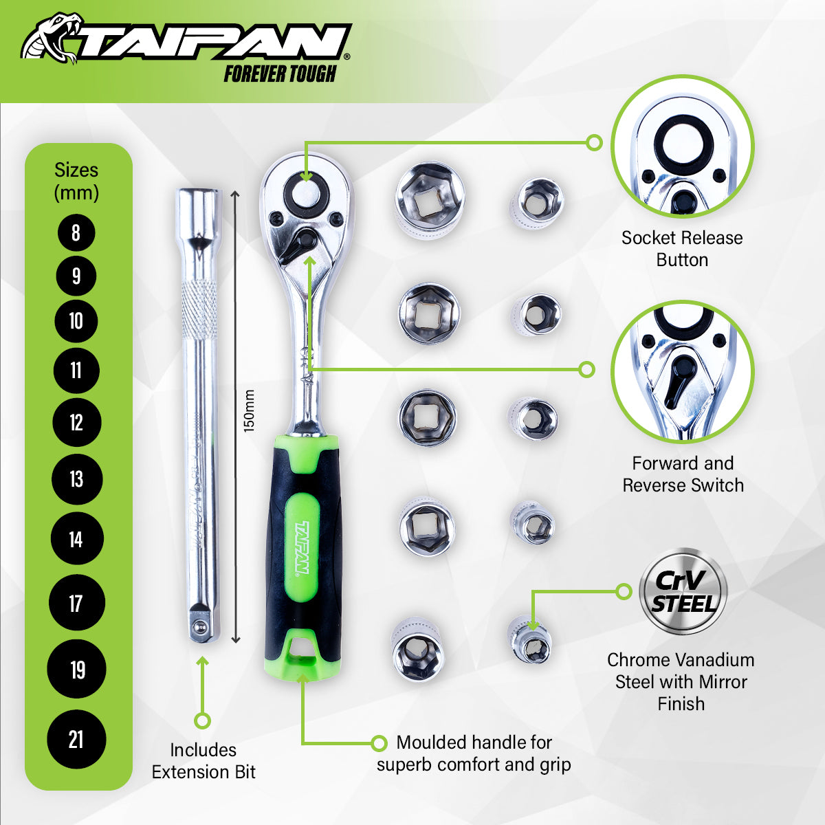 Taipan® 12PCE 3/8" Ratchet Socket Set Premium Quality Chrome Vanadium Steel