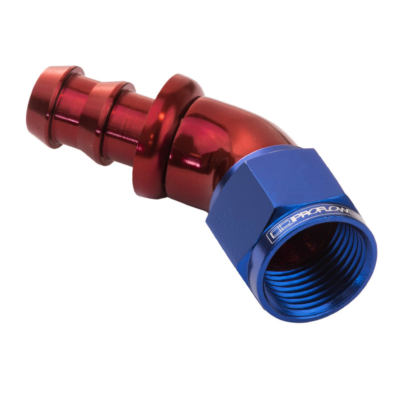 Proflow 45 Degree Fitting Hose End Full Flow 5/16in. Barb to Female -06AN, Red/Blue