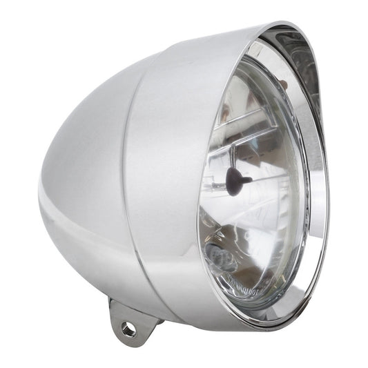 Attitude Inc Indian Style Headlight, 5 3/4 Inch Dia , 170mm Long ,Visor Round Tip ,Chrome E Marked