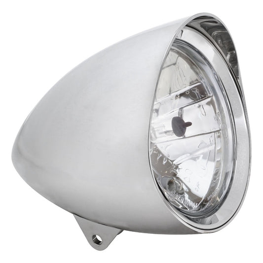 Attitude Inc Indian Style Headlight, 5 3/4 Inch Dia , 216mm Long ,Visor Round Tip ,Chrome E Marked