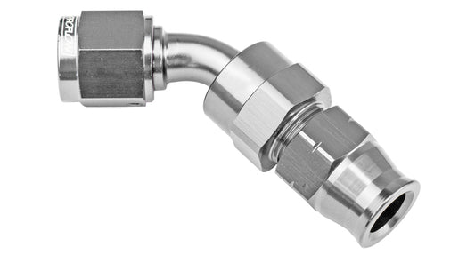 Proflow 1/2in. Tube 45 Degree To Female -08AN Hose End Tube Adaptor, Silver