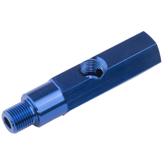 Proflow Gauge Adapter, Oil Pressure Sending Extension 1/4in. NPT To 1/4in., 1/4 NPT On Side Blue