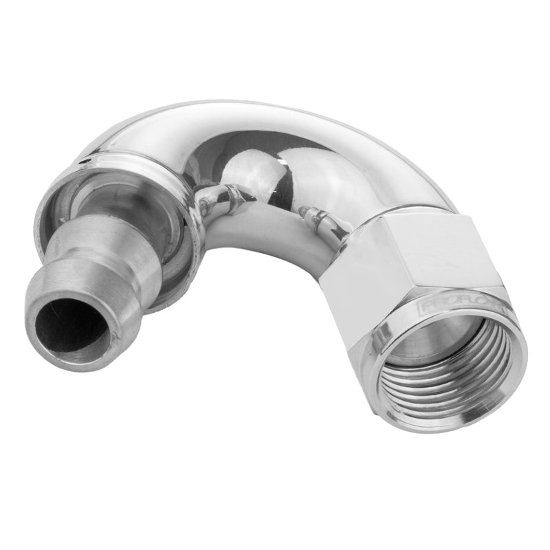 Proflow 150 Degree Fitting Hose End Full Flow Barb to Female -10AN, Polished