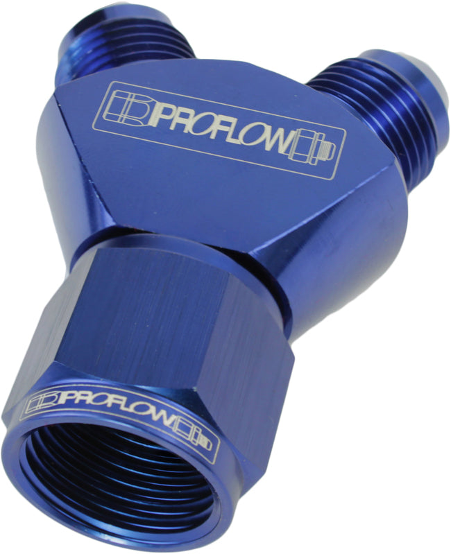 Proflow Y-Block -12AN Female Swivel To Dual -08AN Male, Blue