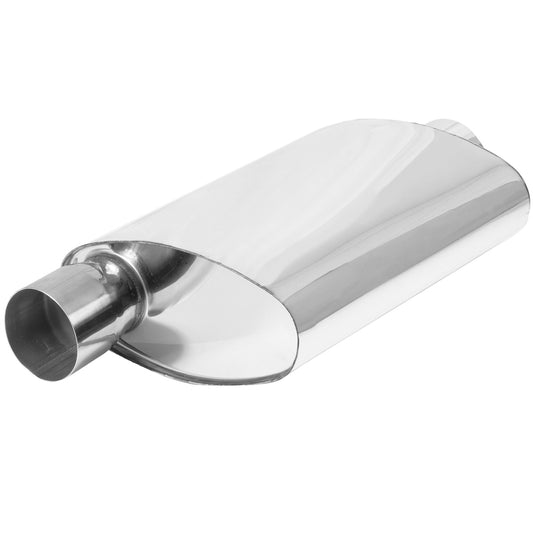 Proflow Muffler Oval, 409 Stainless Steel Polished Flow Chamber 3in. Side Inlet To 3in. Centre Outlet