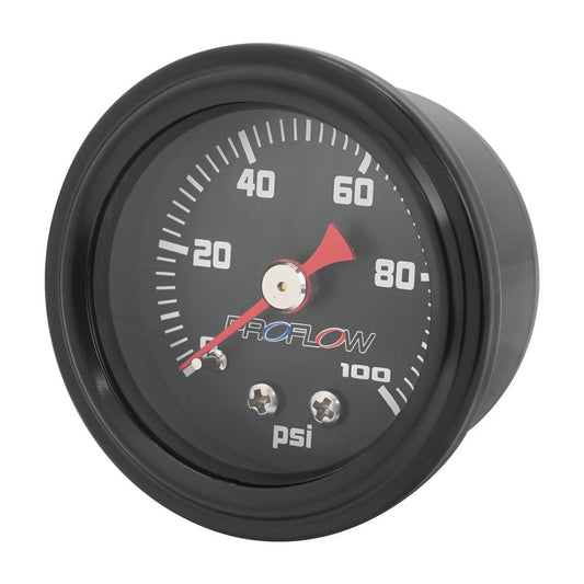 Proflow Fuel Pressure Gauge 0-100PSI, Stainless Steel, Black Body/Black Face 40mm, Each