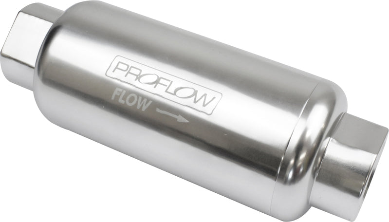 Proflow Fuel Filter, Inline Mount, 100 Microns, Billet Aluminium, Silver Anodised, 140mm length -10 AN Inlet/Outlet