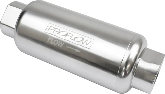 Proflow Fuel Filter, Inline Mount, 40 Microns, Billet Aluminium, Silver Anodised, 140mm length -10 AN Inlet/Outlet