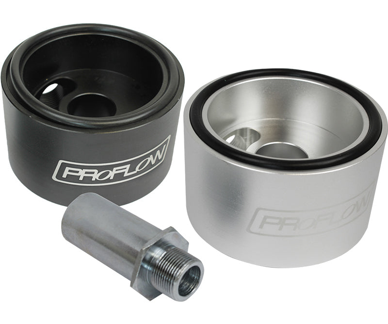 Proflow Oil Filter Adapter, Sandwich Adapter, Billet Aluminium, Black Anodised, 13/16-16 in., AN10, 1/8in. NPT Port Chev