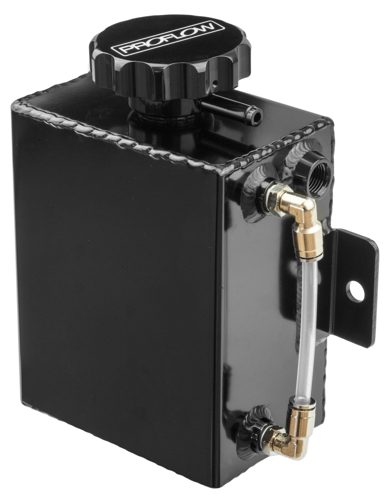 Proflow Radiator Overflow Tank Fabricated Aluminium, 1.4L, 150mm (H) x 120mm (L) x  80mm (W), Square w/Level Indicator, Black