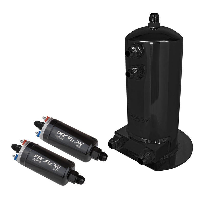 Proflow Fuel Surge Tank & Pump Kit Fabricated Aluminium, 254mm x 108mm, 2.5L, 2x 044 style pumps, Black Anodised