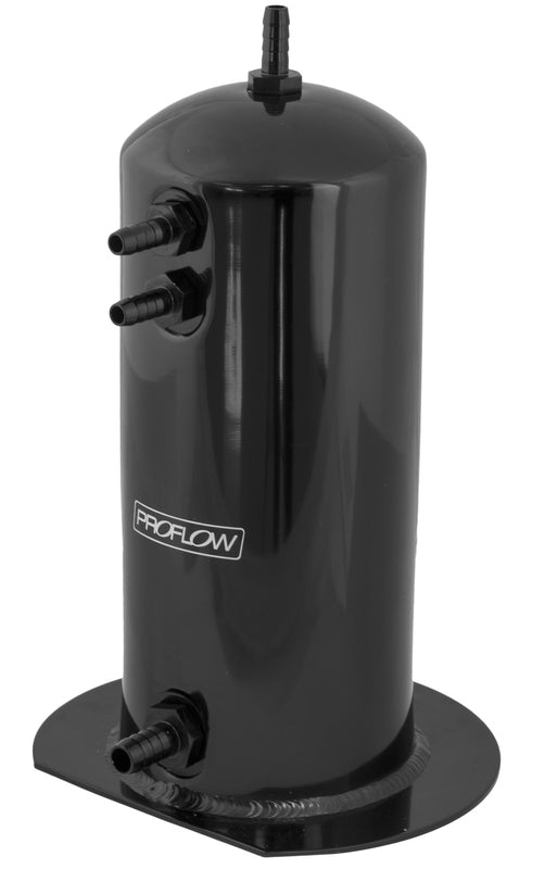 Proflow Fuel Surge Tank Aluminium, 254mm x 108mm Round, 2.5L, Barb & AN Fitting Kit, Black Anodised