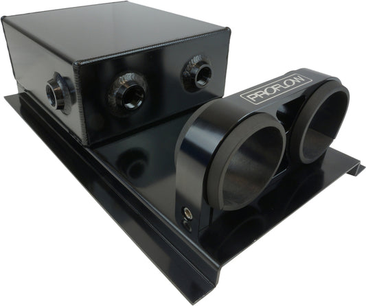 Proflow Fuel Surge Tank, Fabricated Aluminium, Square, 044 Pump Mounts, 80mm x 200mm x 180mm, 2.5L, Black Anodised