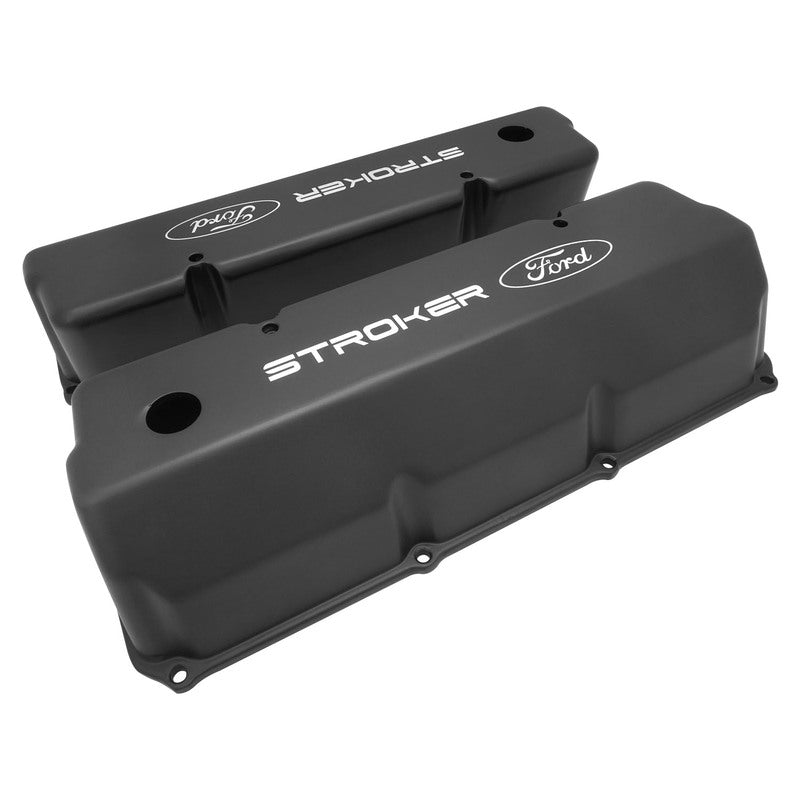 Proflow Valve Covers, Tall Cast Aluminium, Black, Stroker Ford Logo, Small Block For Ford 302, 351C, Pair