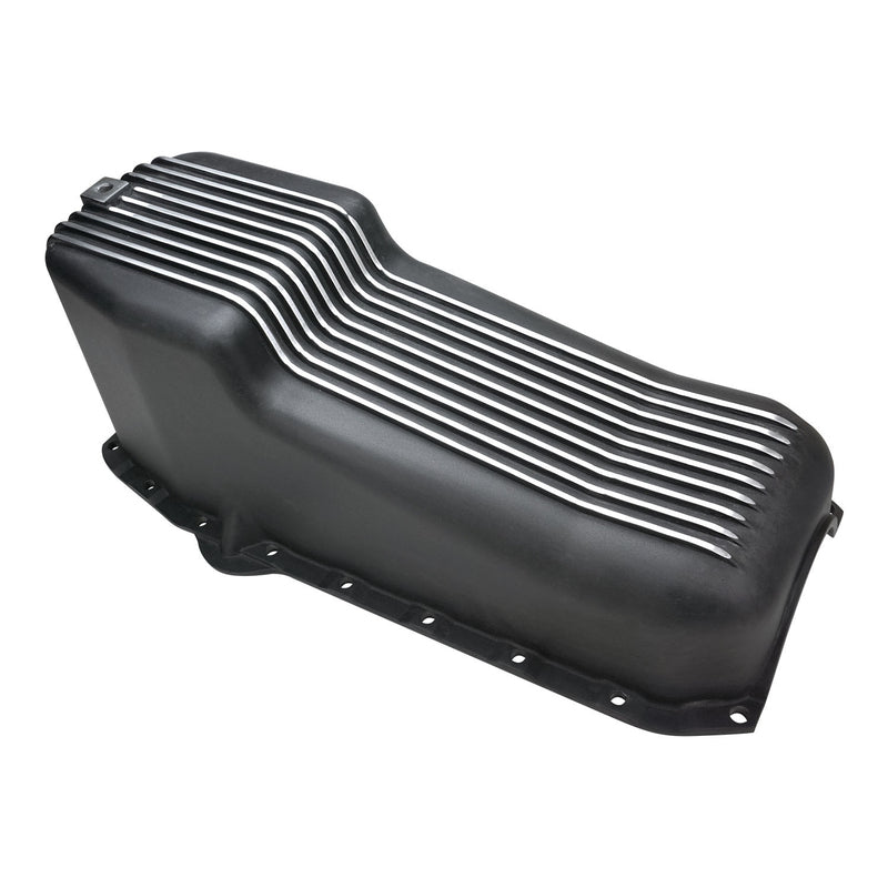 RTS Oil Pan, Cast Aluminum, Machined Finned, Black 4 qt., SB Chev Passanger Side Dip Stick