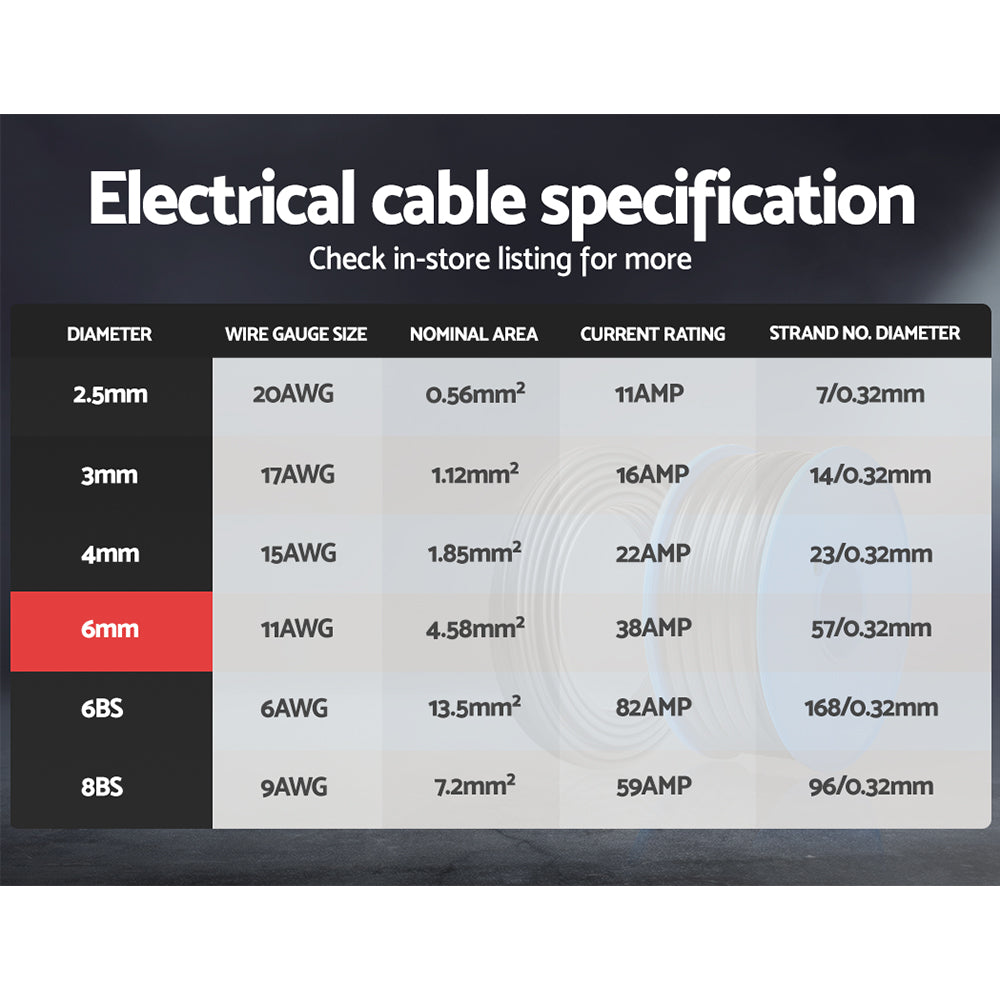 Giantz 6MM 30M Twin Core Wire Electrical Cable Extension Car 450V 2 Sheath