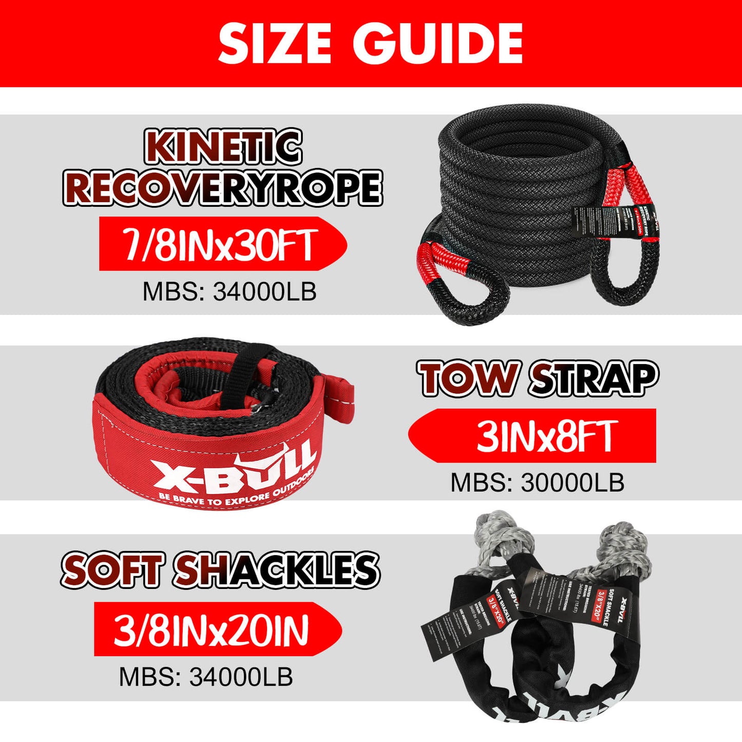 X-BULL 4WD Recovery Kit 15PCS Winch Recovery track Kinetic Rope Snatch Strap 4X4