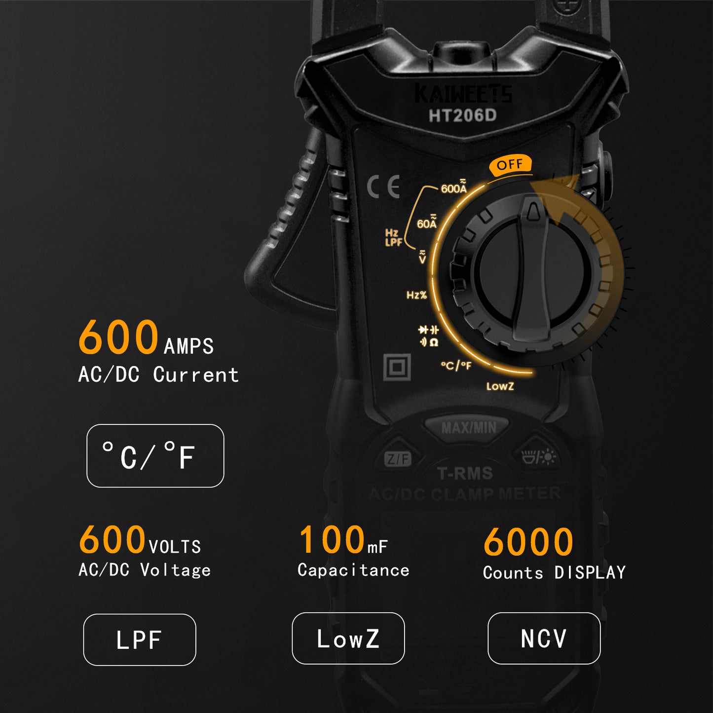 KAIWEETS HT206D Digital Clamp Meter T-RMS 6000 Counts, Multimeter Voltage Tester Auto-ranging