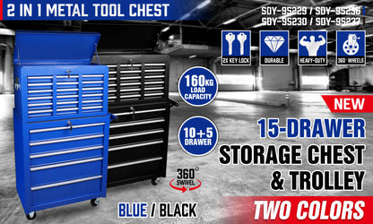 15-Drawer Tool Box Trolley Cabinet - Lockable Storage Cart Garage Toolbox Organizer System