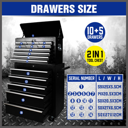 15-Drawer Tool Box Trolley Cabinet - Lockable Storage Cart Garage Toolbox Organizer System