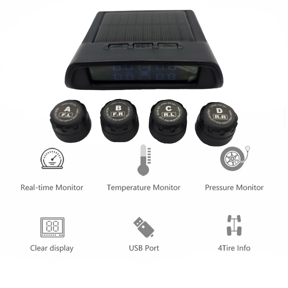 HRIDZ 1050 Solar Wireless TPMS Car Tire Tyre Pressure Monitor Monitoring System 4 Sensors