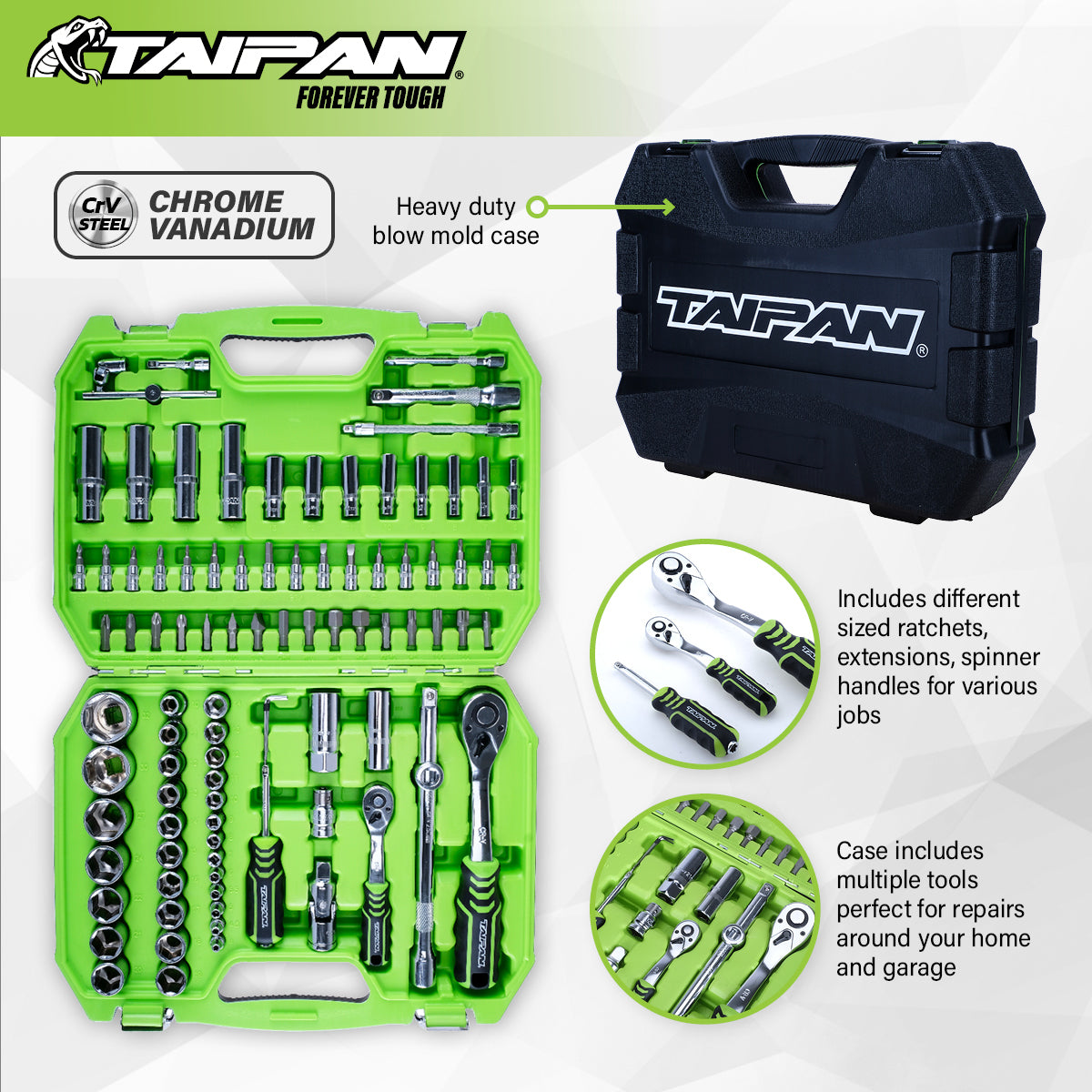 Taipan 94PCE Spanner Socket Set & Case Premium Quality Chrome Vanadium Steel